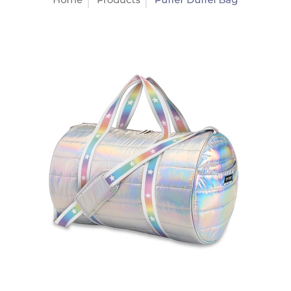 Top Trenz Metallic Silver Quilted Puffer Duffle Bag Rainbow Star Straps